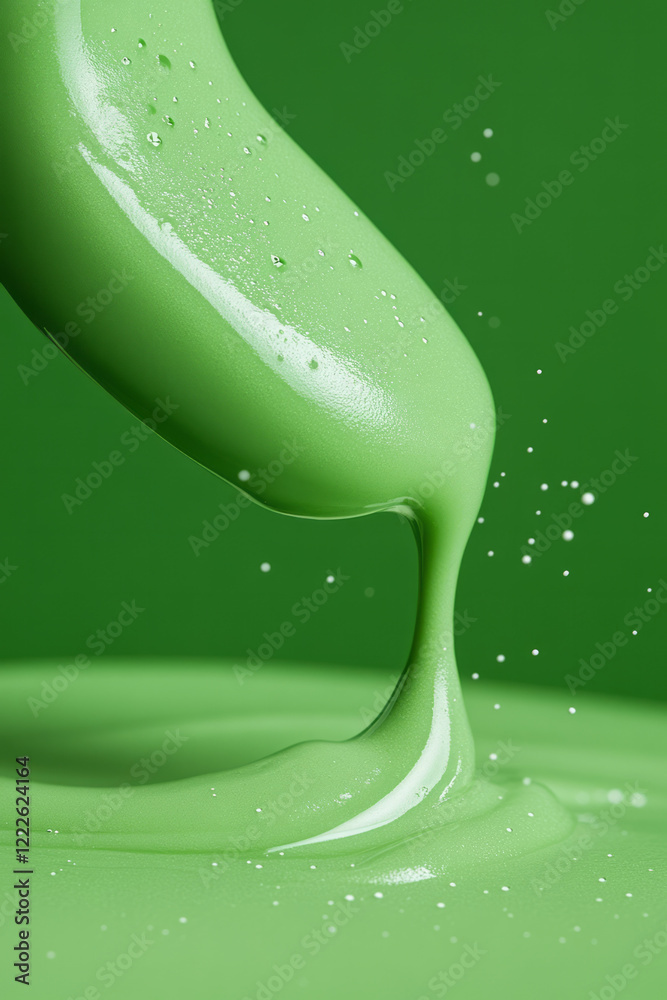 Poster a macro view of a green lotion pump being pressed, capturing the smooth flow of white cream onto a w