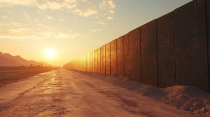 Massive Border Wall Under Sunset Sky in Desert Landscape