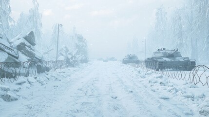 Winter Battlefield with Abandoned Tanks in a Snowy Landscape