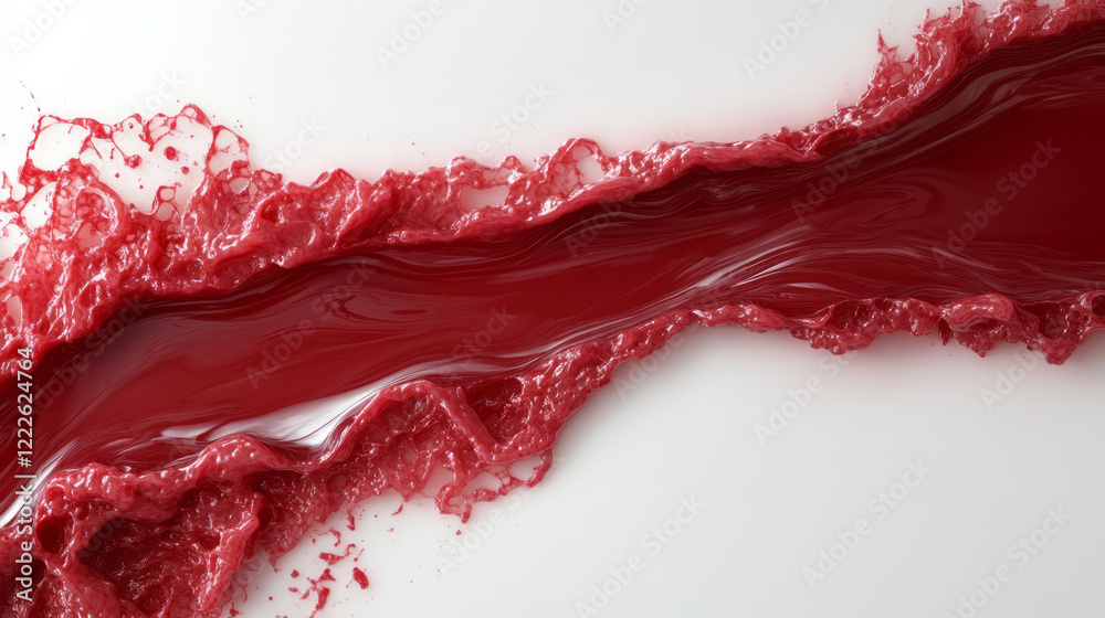 Aufkleber an abstract composition featuring deep red fluid flowing in thin rivulets across a textured, white,