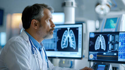 Pulmonary specialist analyzing lung function test results on monitors, focused and attentive in medical environment