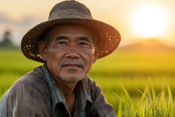 Cinematic Portrait of Farmer in Rice Field, Capturing Labor and Landscape, Emphasizing Natural Light and Focused Depth