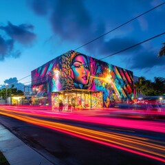 Miami, FL, USA - July 9, 2023: Long exposure photo of business and art at Wynwood art district 