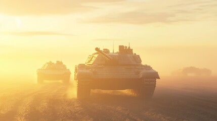Fototapeta premium Advanced Tanks Crossing Terrain Under Golden Sunrise Glow