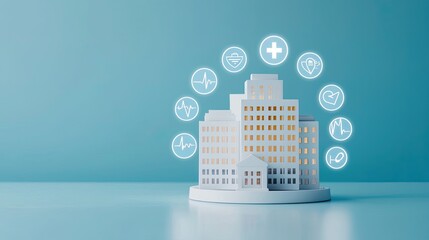 Naklejka premium A miniature building model surrounded by icons representing healthcare services, symbolizing community health and wellness.