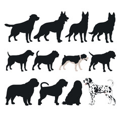 Set walking and standing dog silhouette in Vector icon