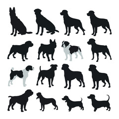 Set walking and standing dog silhouette in Vector icon