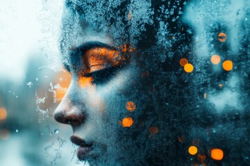 A hyper-realistic close-up of a person face pressed against a frosted glass window, their breath fogging the surface as their eyes stare into the emptiness beyond, expressing profound isolation