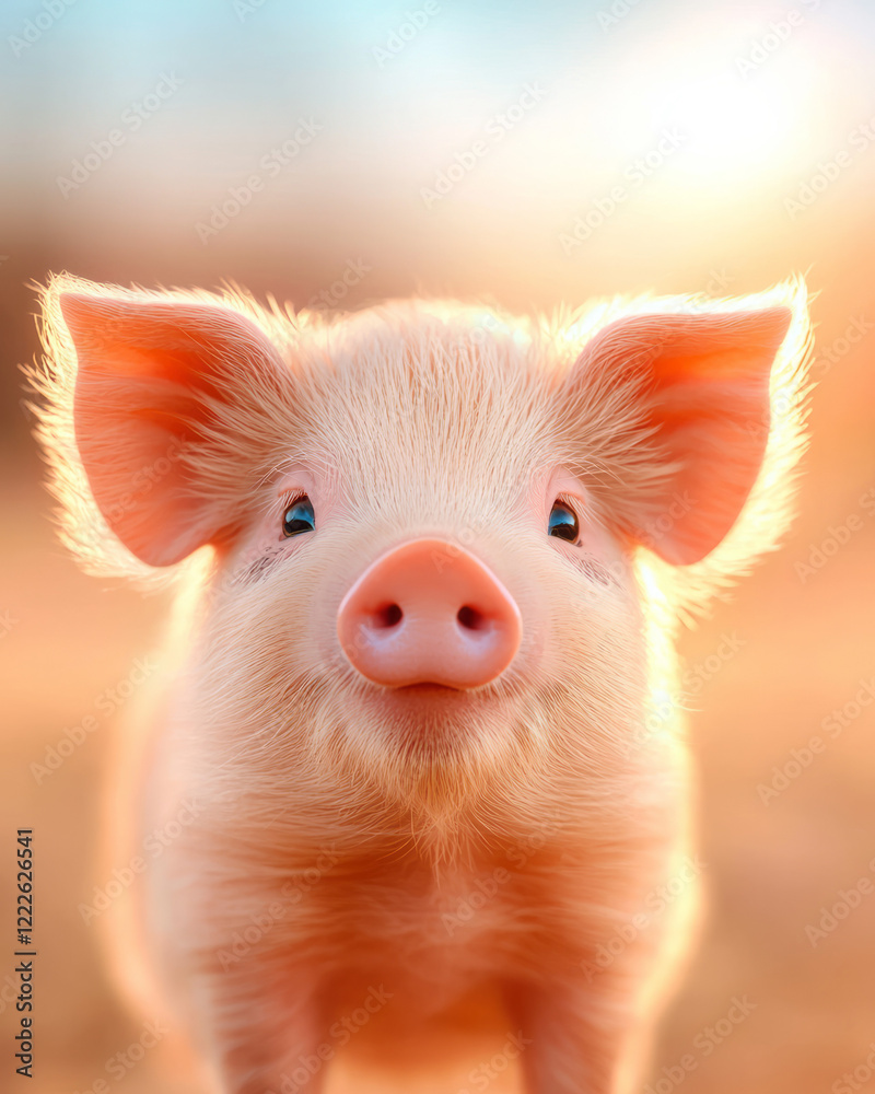 Poster a detailed close-up of a miniature pig's face with expressive eyes and a friendly smile, capturing i