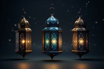 Obraz premium Three ornate lanterns emit a warm, inviting glow, symbolizing celebration and spirituality during ramadan