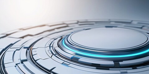 A futuristic design featuring concentric circles and a glowing blue ring, evoking themes of technology and innovation.