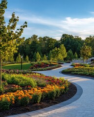 Obraz premium A beautifully landscaped park with walking paths and flower beds