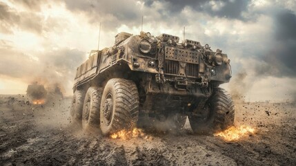 Fototapeta premium Armored Vehicles Advancing Across Rugged Terrain Under Dramatic Sky