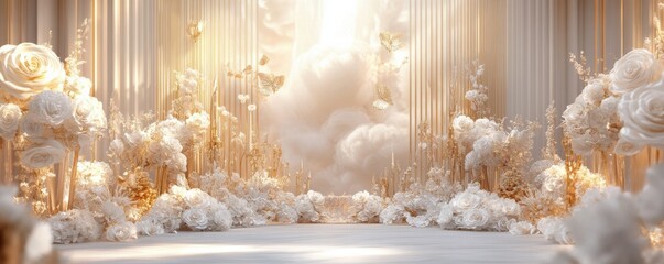 Elegant golden wedding floral background with lush white roses and heavenly light