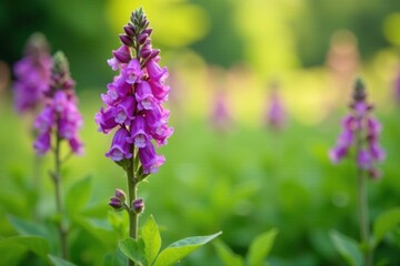 Purple flowers of Penstemon Sour Grapes blooming in a lush green meadow, , wildflowers, sour grapes