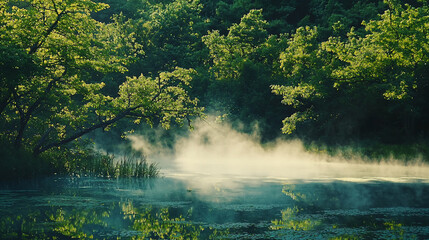Fototapeta premium Serene morning mist over a tranquil lake surrounded by lush greenery and reflections in the water
