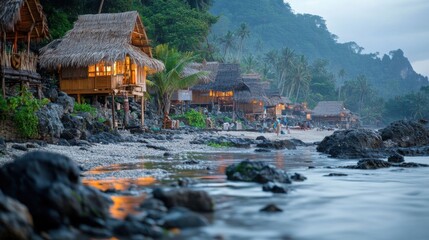 Locals gather at dawn on the shore.