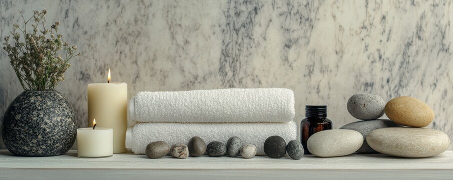 Serene spa setting with candles, towels, and rocks on marble background