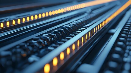 A close-up view of illuminated lines and tracks, showcasing an industrial or technological setting with glowing elements.