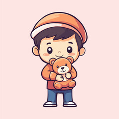A boy holding a teddy bear cartoon vector illustration 