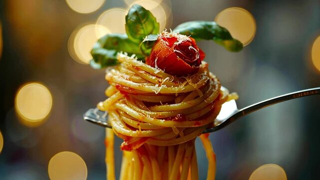 A fork twirls a portion of spaghetti topped with a cherry tomato and fresh basil. The warm bokeh lights create a cozy yet elegant atmosphere in the background, perfect for dining.