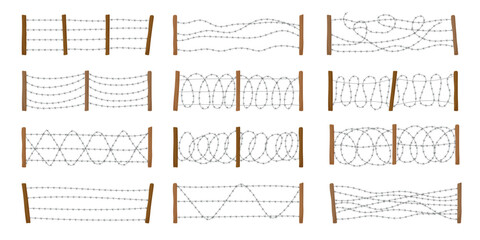 Barbed wire. Prison fences with different types of barbed wire recent vector military or danger zone metal walls