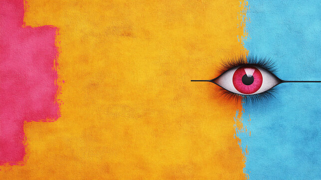 Abstract eye design with vibrant colors and textures, featuring striking red eye against colorful background. This artwork evokes curiosity and intrigue