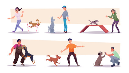 Dog trainers. Teachers for animals people dog training exact vector puppies making special exercises
