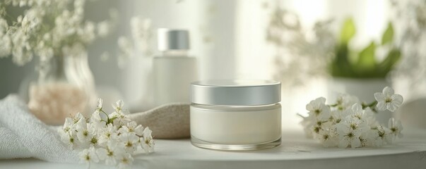 Elegant skincare display with cream jar and cherry blossoms