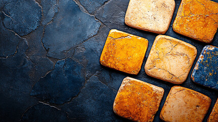 Textured geometric tiles in warm colors on dark surface create striking visual contrast. intricate patterns and earthy tones evoke sense of warmth and artistry