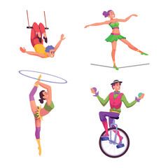 Acrobats. Circus sport characters aerial artists gymnast equilibrists exact vector circus performance © ONYXprj