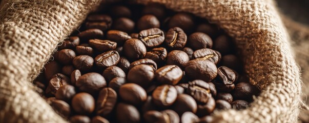 Fototapeta premium Close-up of fresh coffee beans in a burlap sack