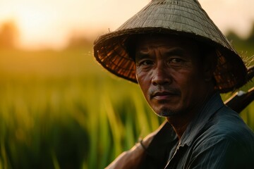 Fototapeta premium Cinematic portrait of a dedicated farmer tending to lush rice fields, capturing the essence of hard work and connection to the land.