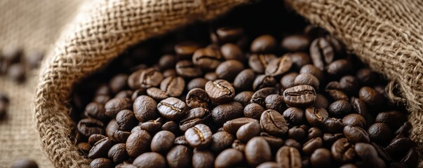 Fototapeta premium Burlap sack of freshly roasted coffee beans overflowing in a rustic setting