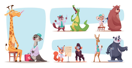 Animals doctors. Zoo funny mascot in medicine concepts animals conversation with patients exact vector cartoon doctors