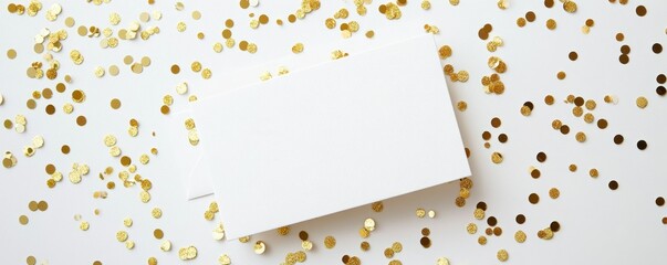 Blank greeting card surrounded by gold confetti on white background