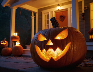 Obraz premium Geschnitzter Helloween Kürbis vor dekoriertem Haus