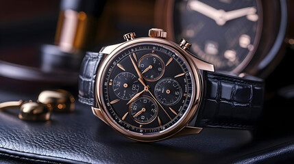 Luxurious black and gold chronograph watch with intricate detailing, featuring a leather strap, placed on dark leather surface in an elegant setting. Close-up