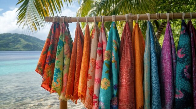 Colorful pareos hang by beach.