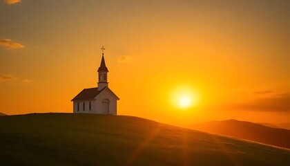 Naklejka premium Sunset Silhouette Of A Church On A Hilltop