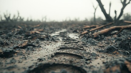 Muddy Footprints in a Foggy Landscape with Distinct Tracks