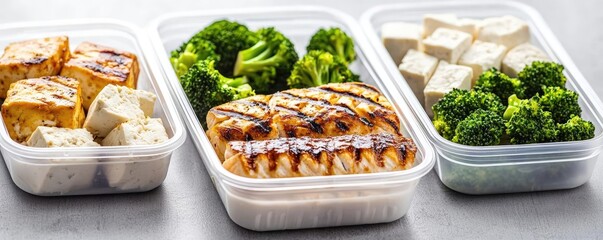 Diet plan foods idea. Healthy meal prep with grilled chicken, tofu, and steamed broccoli in clear containers.