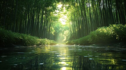 Fototapeta premium A serene bamboo forest with a stream.