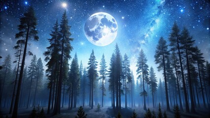Fototapeta premium A dense dark forest under a full moon with tall trees and twinkling stars above the canopy , forest