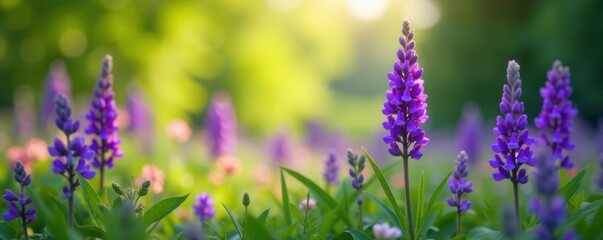 Obraz premium Purple flowers swaying gently in the breeze amidst lush greenery, colorful, blooming, nature