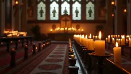 Fototapeta premium Illuminated Church Aisles With Many Burning Candles