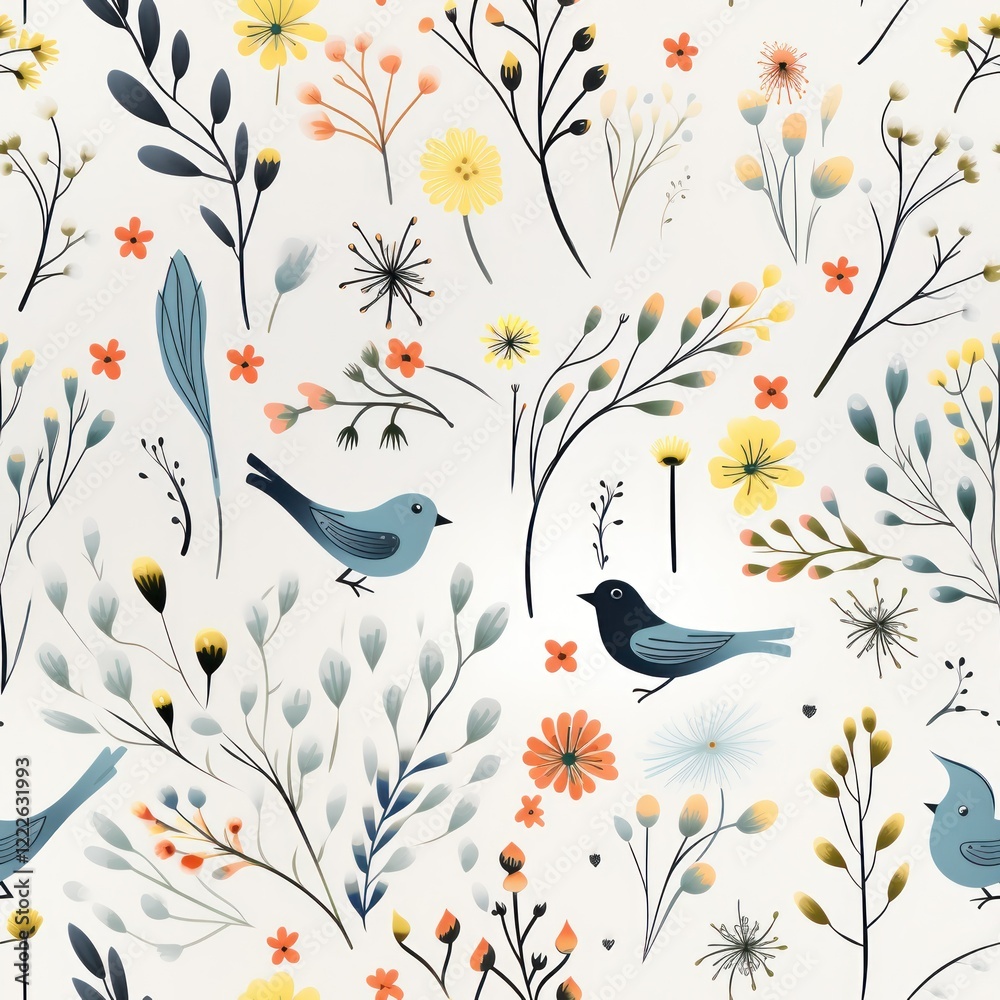 Wall mural charming floral and bird pattern with delicate botanical elements on a light background generative a