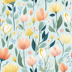 Floral pattern with colorful spring flowers and leaves on a light pastel background Generative AI