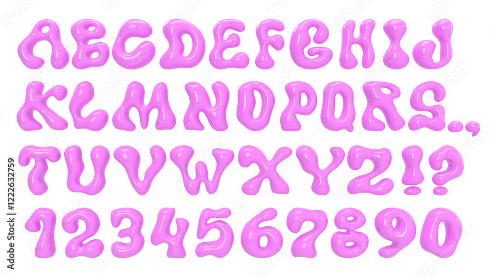 Fototapete pink plastic liquid font. bold bubble typescript. y2k wavy alphabet. groovy letters and numbers with