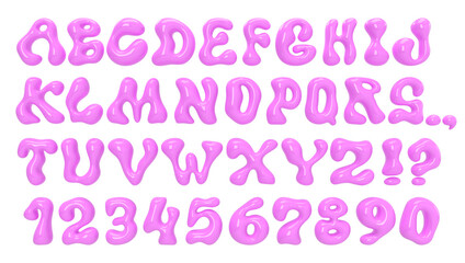 Pink plastic liquid font. Bold bubble typescript. Y2K wavy alphabet. Groovy letters and numbers with molten effect. Three-dimensional round typeface isolated on transparent background